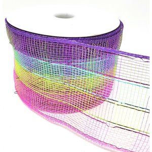 Rainbow Four Color Striped 4" Wide Metallic Deco Mesh Ribbon